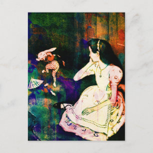 Carte Postale Alice au pays des merveilles et aquarelle de lapin