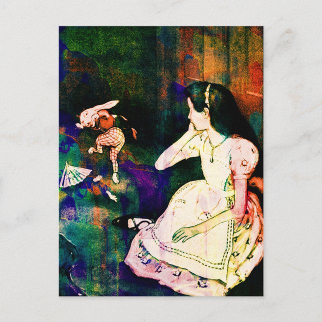 Carte Postale Alice au pays des merveilles et aquarelle de lapin (Devant)