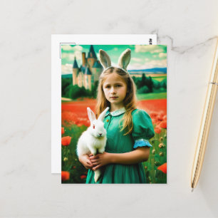 Carte Postale Alice et lapin blanc dans les champs de coquelicot