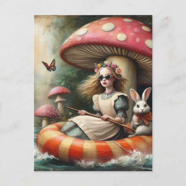 Carte Postale Alice et le lapin blanc flottant sur la rivière (Devant)