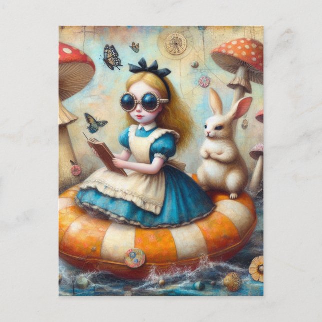 Carte Postale Alice et le lapin blanc flottant sur la rivière (Devant)