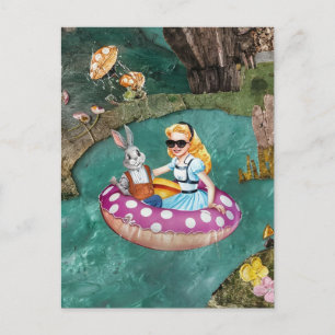 Carte Postale Alice et le lapin gris art de collage rétro