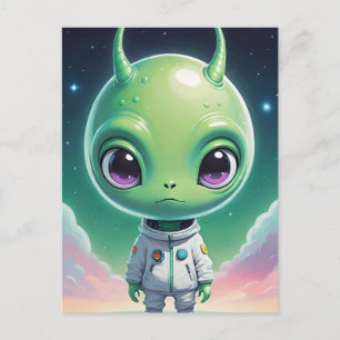 Carte Postale Alien à grand tête verte avec cornes