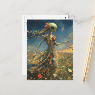 Carte Postale Alien adorable dans une robe dans la prairie