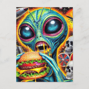 Carte Postale Alien amusant manger Cheeseburger