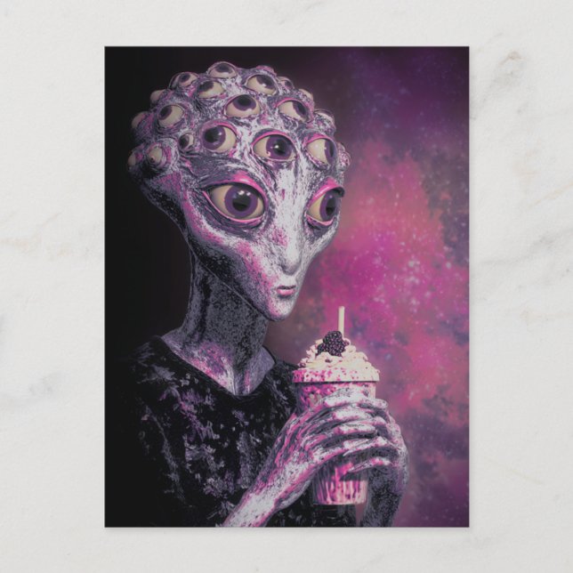 Carte Postale Alien avec de nombreux yeux et un Milkshake (Devant)