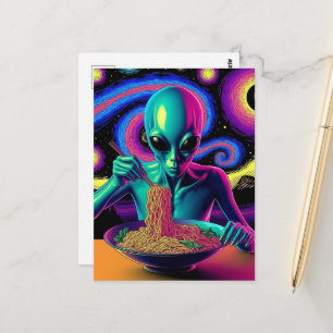 Carte Postale Alien Bleu Mangeant des Nouilles