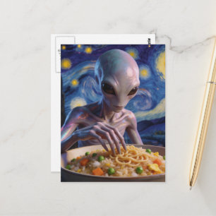 Carte Postale Alien bleu mangeant des nouilles et des légumes