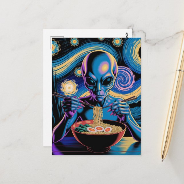 Carte Postale Alien Bleu Mangeant des Ramen (Devant/Arrière en situation)