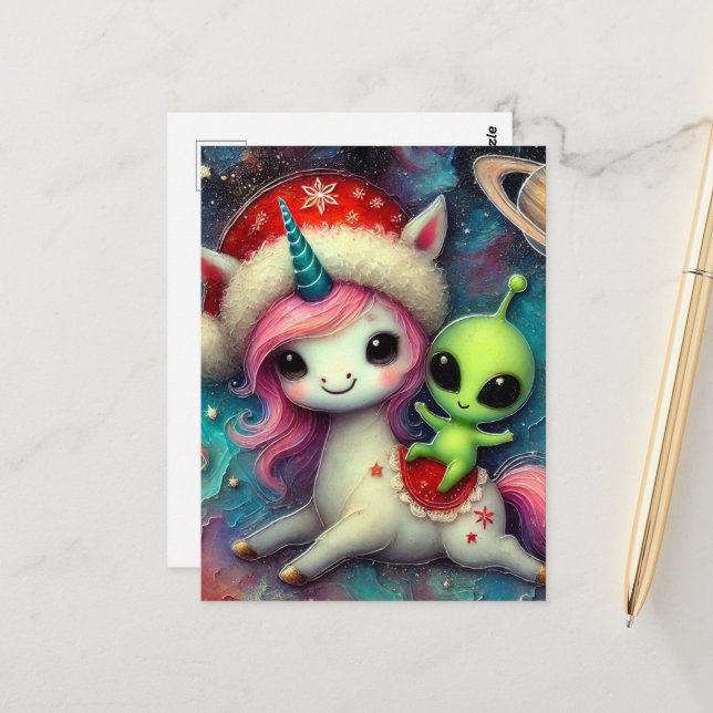 Carte Postale Alien de Noël festif et licorne (Devant/Arrière en situation)