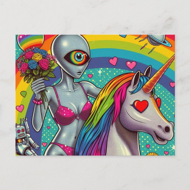 Carte Postale Alien en bikini sur une licorne (Devant)