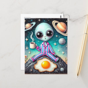 Carte Postale Alien en PJ avec café et oeuf