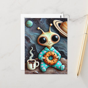 Carte Postale Alien en PJ bleu avec café et bagel