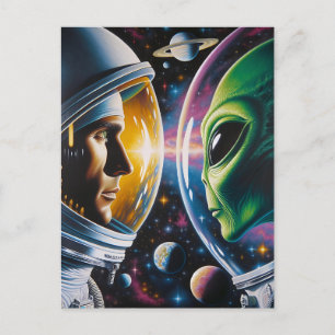 Carte Postale Alien et astronaute dans l'espace