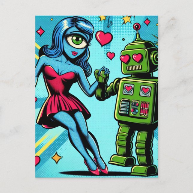 Carte Postale Alien et robot amoureux (Devant)