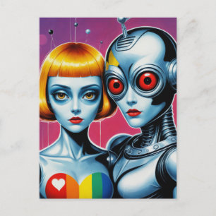 Carte Postale Alien et robot amoureux Arc-en-ciel