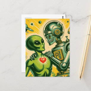 Carte Postale Alien et Robot Retro Love