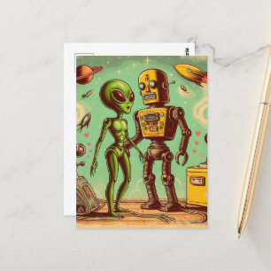 Carte Postale Alien et Robot Retro Love