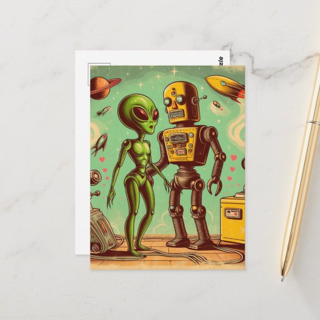 Carte Postale Alien et Robot Retro Love (Devant/Arrière en situation)