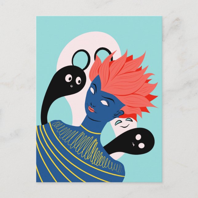 Carte Postale Alien fille avec des fantômes Éffrayants amis imag (Devant)