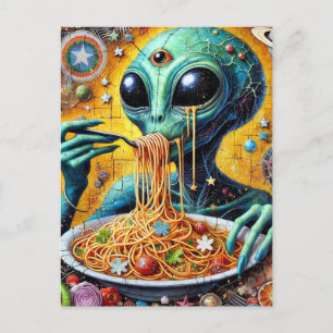 Carte Postale Alien fou mangeant Spaghetti