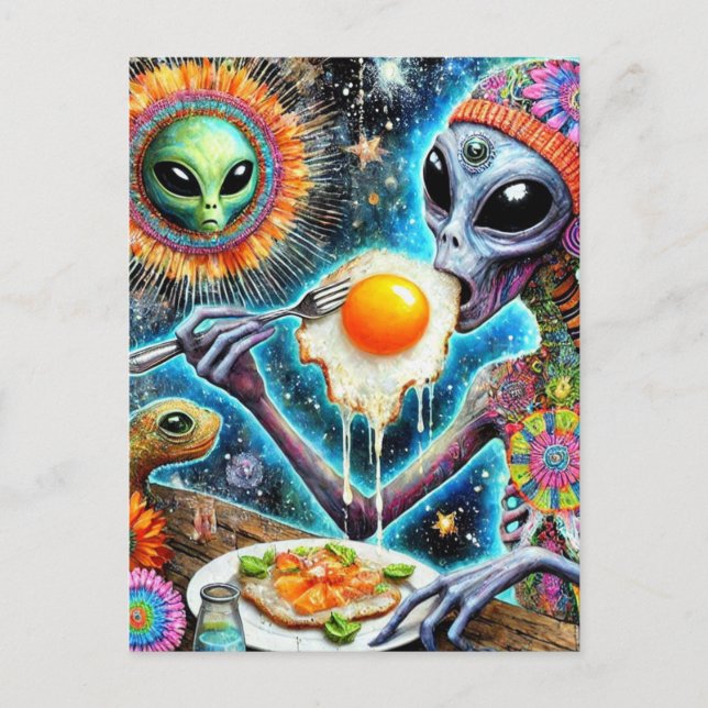 Carte Postale Alien fou Manger des oeufs frits (Devant)