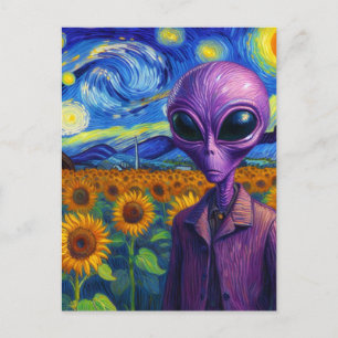 Carte Postale Alien pourpre dans un terrain de tournesol Faux Va