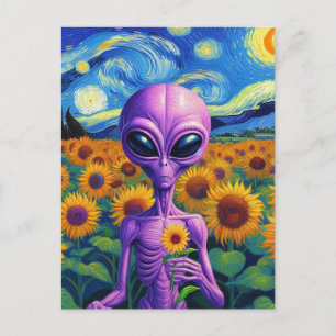 Carte Postale Alien pourpre tient Fleur Van Gogh Tournesol Field