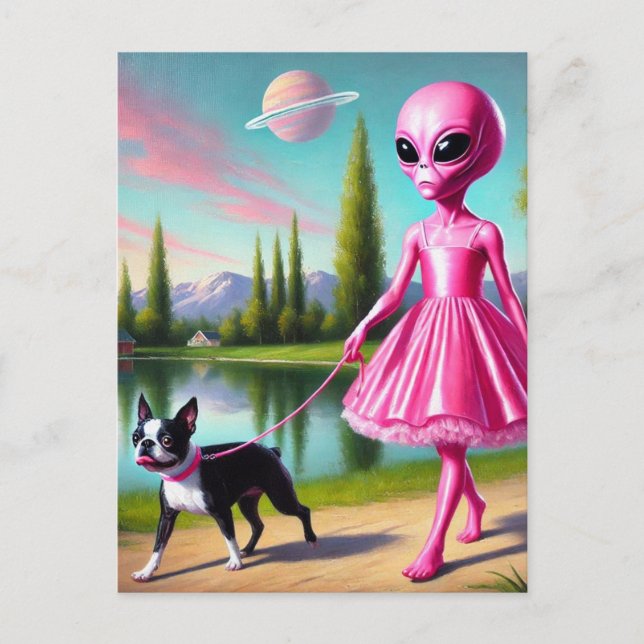 Carte Postale Alien Rose Marchant Son Boston Terrier (Devant)
