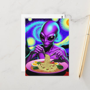 Carte Postale Alien violet mangeant des nouilles avec des légume