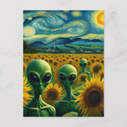 Carte Postale Aliens verts dans un champ de tournesol Van Gogh