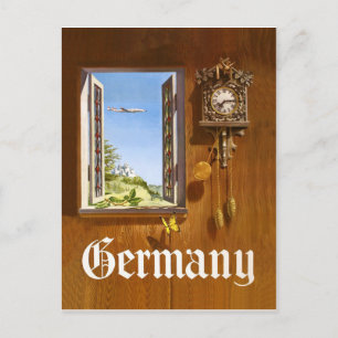 Carte Postale Allemagne, horloge en bois et vue depuis la fenêtr
