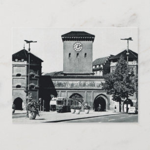 Carte Postale Allemagne vintage, Gare et tram, années 1950