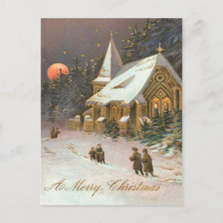 Carte Postale Aller à l'arbre de l'église Neige Lune Étoiles