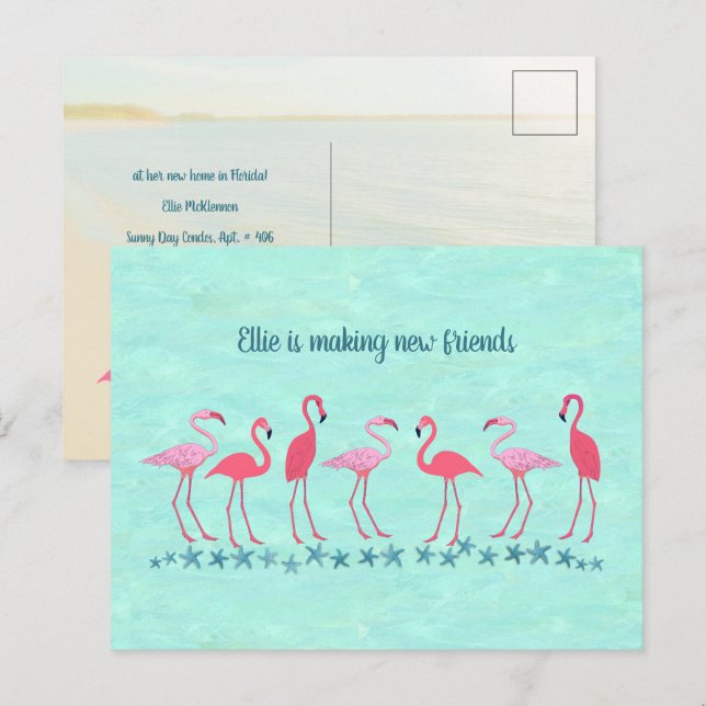 Carte Postale Aller au Flamant rose Tropics Amis Nouvelle adress (Devant / Derrière)