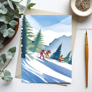 Carte Postale Allons skier   Aquarelle d'hiver