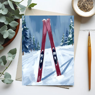 Carte Postale Allons Skiing   Peinture Aquarelle Skis d'Hiver