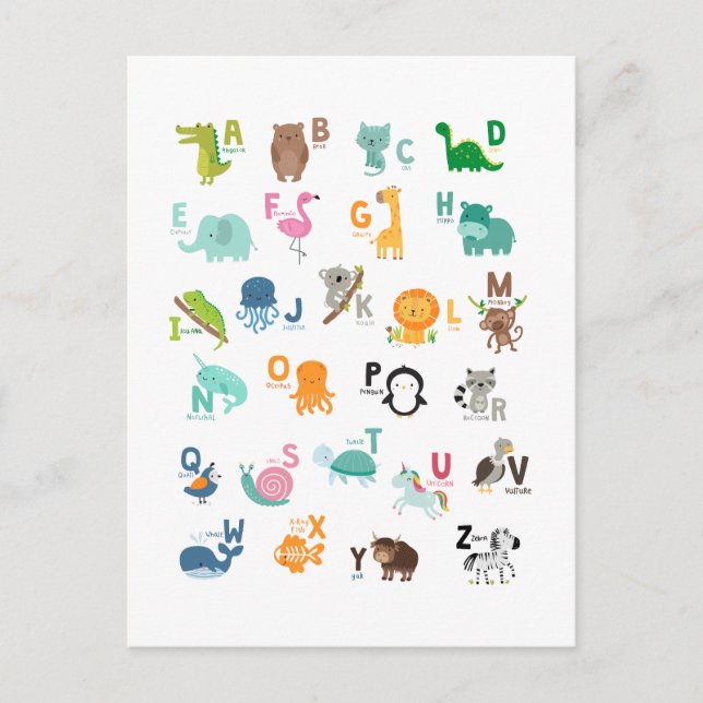 Carte Postale Alphabet de doodle animal (Devant)