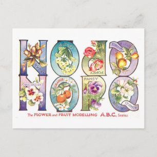 Carte Postale Alphabet de fruits et de fleurs vintage N-Q