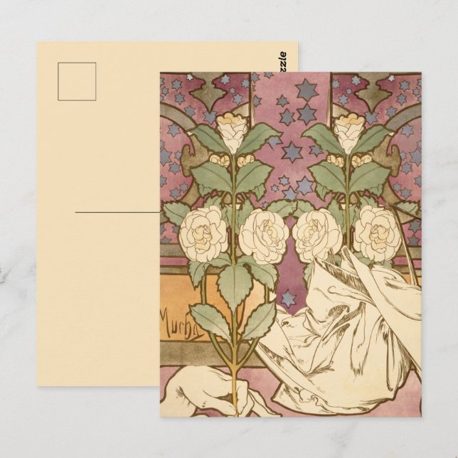 Carte Postale Alphonse Mucha Elégante Art Nouveau Stars Camellia (Devant / Derrière)