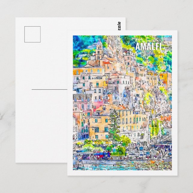 Carte Postale Amalfi Italie célèbre Voyage Aquarelle croquis (Devant / Derrière)