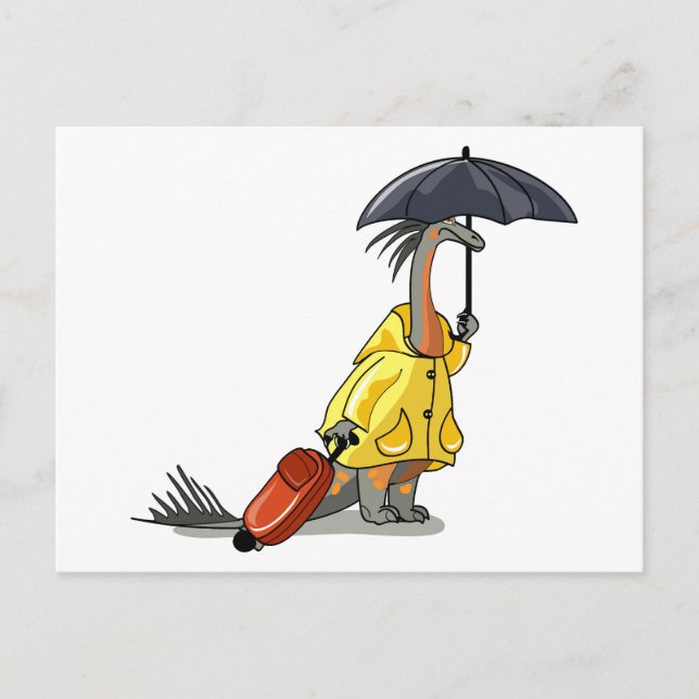 Carte Postale Amargasaurus Portant Un Parapluie Et Une Valise. (Devant)