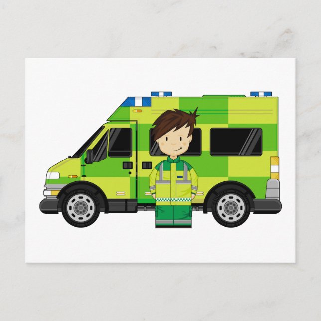 Carte Postale Ambulance de dessin animé et technicien d'urgence  (Devant)