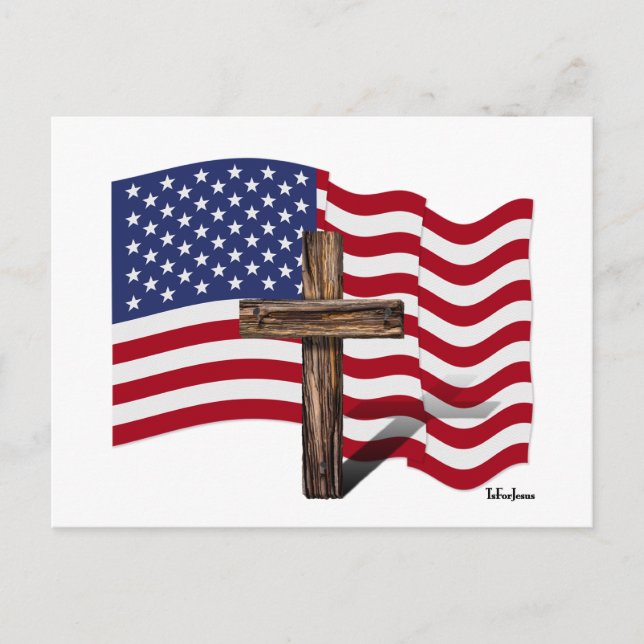 Carte Postale American Flag Waving and Rugged Cross (Devant)