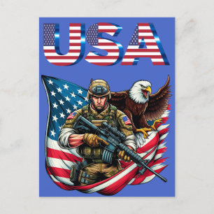 Carte Postale American Soldier Eagle USA Drapeau Patriotique Art