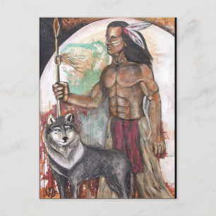 Carte postale Amérindienne et loup