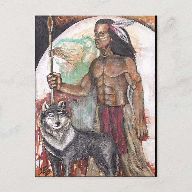 Carte postale Amérindienne et loup (Devant)