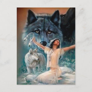 Carte Postale Amérindiens, loups et dragueurs
