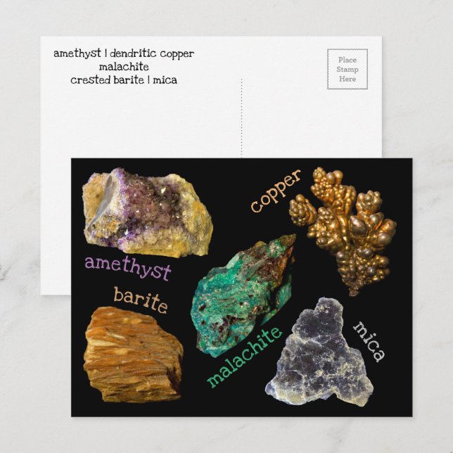 Carte Postale Améthyste Malachite de cuivre Barite Mica Minéraux (Devant / Derrière)