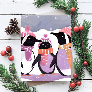 Carte Postale Amis Manchots de Noël   Aquarelle d'Hiver